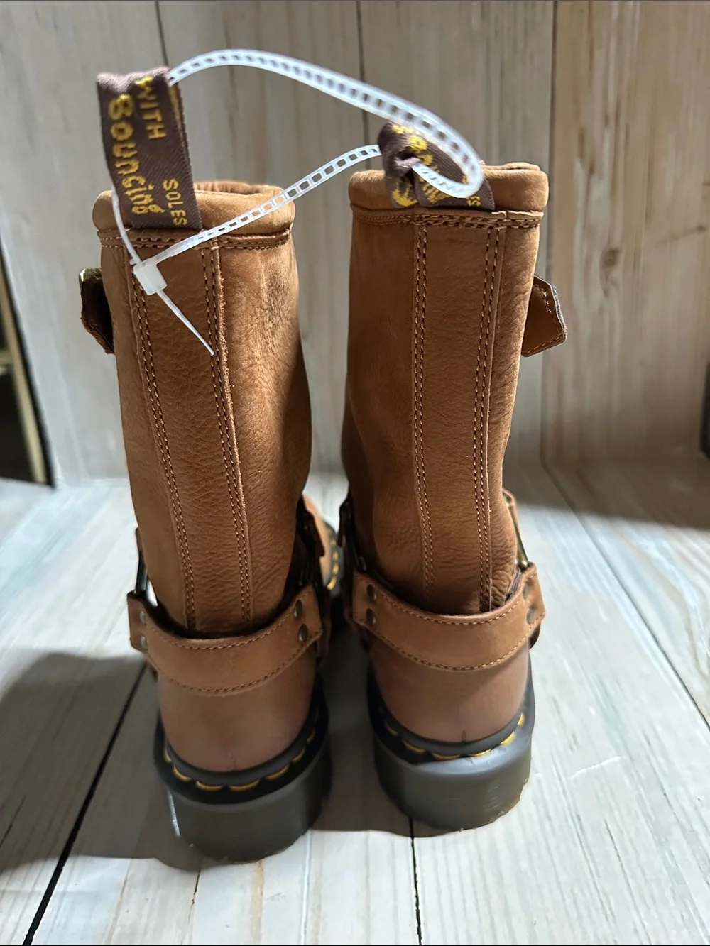 Dr. Martens Brown Leather Harness Boots with Yellow Stitching